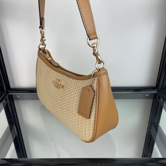 COACH Teri 2way Shoulder Bag Crossbody Straw/Leather Latte CR350 - Picture 2 of 7